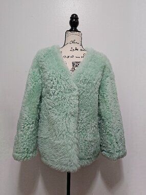 NewReal Sheepskin Shearling Lamb Fur Leather Coat Jacket Mint Tiffany Blue Green